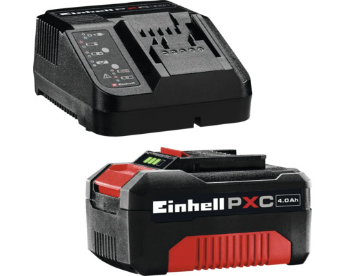 Einhell Power X-Change Akku-Starter-Kit bestehend aus einem 4,0 Amperestunden Akku und einem passenden Ladegerät für Elektrowerkzeuge.