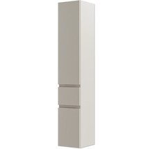 Armoire haute de salle de bain avec une porte et deux tiroirs, gris clair, design sans poignée avec prises en main intégrées.