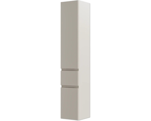 Armoire haute de salle de bain avec une porte et deux tiroirs, gris clair, design sans poignée avec prises en main intégrées.