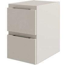 Küchenunterschrank mit zwei Schubladen und dunklen Griffen.