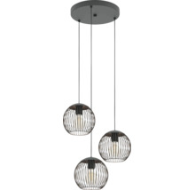 Suspension noire à trois lampes en métal avec abat-jour ronds à structure grillagée.