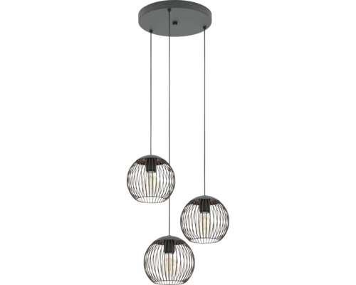 Suspension noire à trois lampes en métal avec abat-jour ronds à structure grillagée.