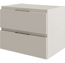 Beiger Waschtischunterschrank mit zwei Schubladen und schmalen dunklen Griffen.