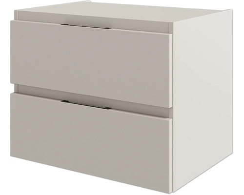 Beiger Waschtischunterschrank mit zwei Schubladen und schmalen dunklen Griffen.