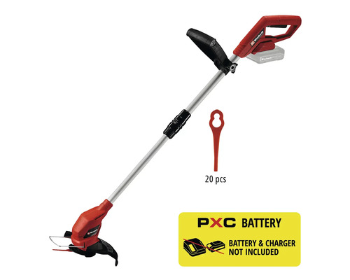 Coupe-bordures sans fil Einhell avec manche télescopique, poignée supplémentaire et 20 lames de rechange. Batterie et chargeur non inclus.