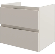 Hängender Waschbeckenunterschrank mit zwei Schubladen und schwarzen Griffen.