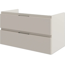 Waschbeckenunterschrank mit zwei Schubladen und dunklen Griffmulden.