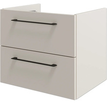 Waschbeckenunterschrank mit zwei Schubladen und schwarzen waagerechten Griffen.