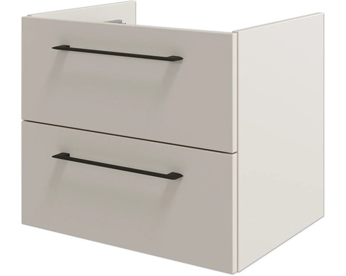 Waschbeckenunterschrank mit zwei Schubladen und schwarzen waagerechten Griffen.