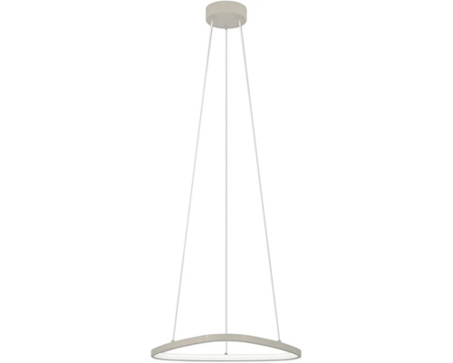 Suspension annulaire argentée en métal avec fixation au plafond ronde et trois câbles métalliques fins.
