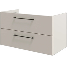 Moderner Waschbeckenunterschrank mit zwei Schubladen und schmalen dunklen Griffen.