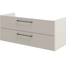 Waschtischunterschrank mit zwei Schubladen und dunklen Stangengriffen.