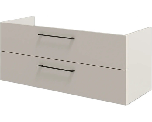 Waschtischunterschrank mit zwei Schubladen und dunklen Stangengriffen.
