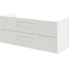 Waschtischunterschrank in Weiß mit zwei Schubladen und Metallgriffen.