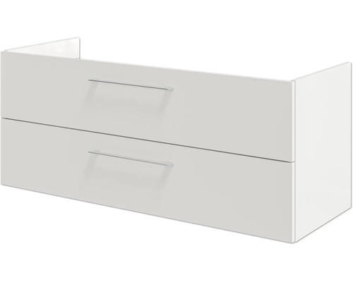 Waschtischunterschrank in Weiß mit zwei Schubladen und Metallgriffen.