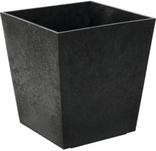 Quadratischer, anthrazitfarbener Pflanzkübel aus Kunststoff in Steinoptik.