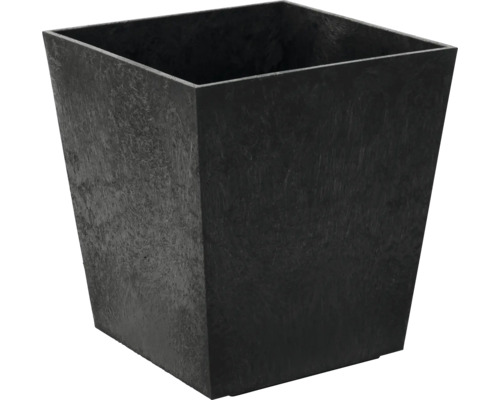 Pot de fleurs carré anthracite en plastique avec aspect pierre.