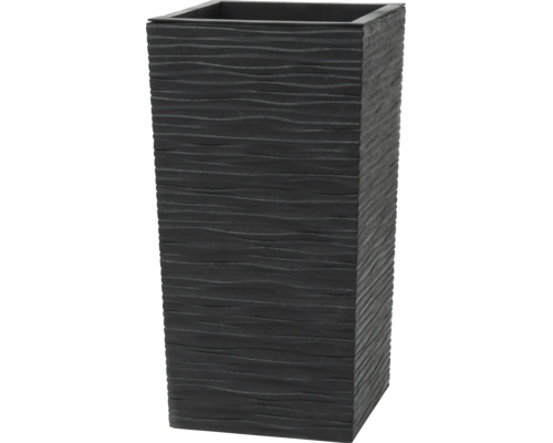 Jardinière haute et carrée anthracite avec structure ondulée horizontale.