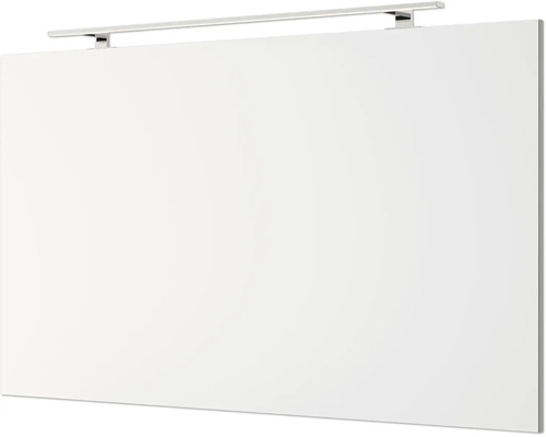 Miroir de salle de bain rectangulaire avec un éclairage LED intégré mince sur le dessus.