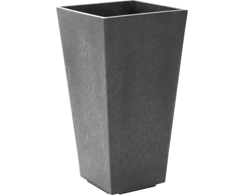 Quadratischer, hoher Pflanzkübel in Anthrazit, Kunststoff in Steinoptik, nach unten verjüngt.