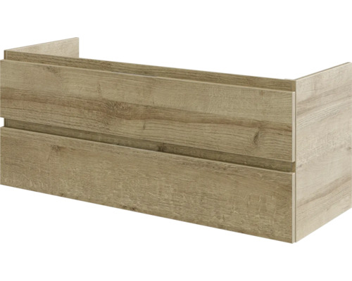 Waschbeckenunterschrank mit zwei grifflosen Schubladen in heller Eiche-Optik.