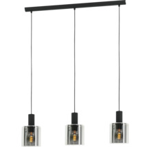 Suspension noire à trois lampes en métal et verre avec ampoules visibles.