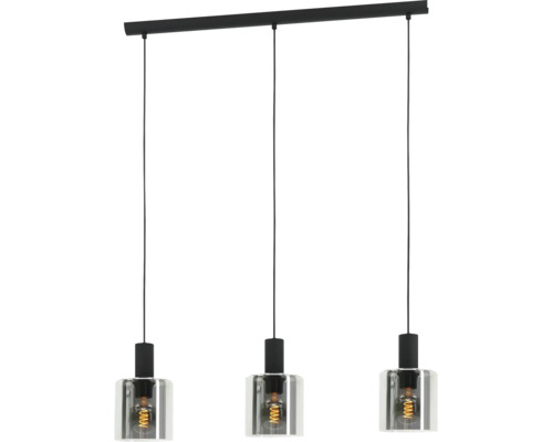 Suspension noire à trois lampes en métal et verre avec ampoules visibles.