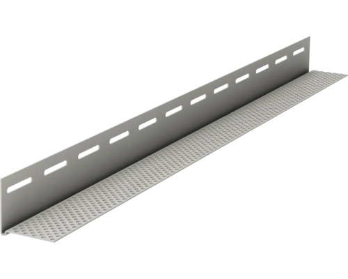 Profilé de ventilation en forme de L en métal avec trous oblongs et perforations rondes fines.