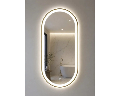 "Miroir de salle de bain LED ovale avec cadre doré fin et éclairage intégré