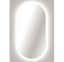 Miroir de salle de bain LED ovale avec rétroéclairage et capteur tactile.