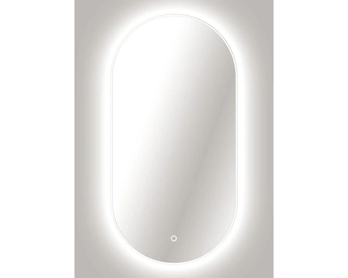 Miroir de salle de bain LED ovale avec rétroéclairage et capteur tactile.