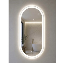 Miroir de salle de bains ovale avec éclairage LED périphérique dans une salle de bains moderne avec baignoire en îlot.