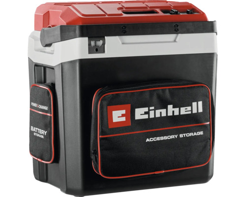 Glacière hybride Einhell avec poignée de transport, décapsuleur et sacoches pour batterie et accessoires.
