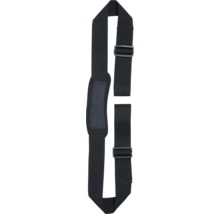 Bandoulière rembourrée et réglable en textile noir avec deux boucles en plastique.