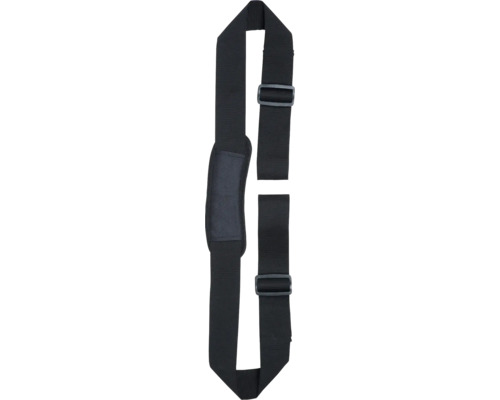 Bandoulière rembourrée et réglable en textile noir avec deux boucles en plastique.