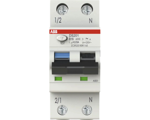 ABB Fehlerstrom-Leitungsschutzschalter DS201 B16 30 Milliampere, einpolig mit Neutralleiter, für die Hutschienenmontage. ABB Logo.