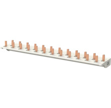 Peigne de raccordement tripolaire isolé avec broches en cuivre pour disjoncteurs.