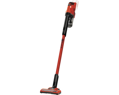 Aspirateur balai sans fil Einhell rouge et noir avec unité portative amovible et brosse pour sols.