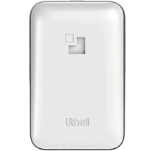 Batterie externe Litheli blanche avec coins arrondis et Litheli Logo.