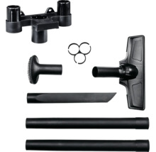 Kit d'accessoires pour aspirateur en plastique noir avec suceur sol, tubes d'aspiration, suceur plat, suceur fauteuil et support d'accessoires.