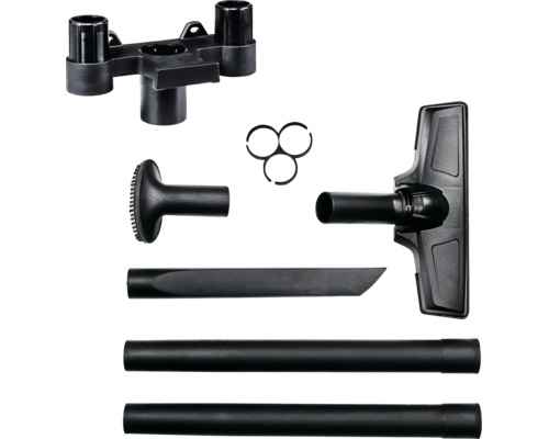 Kit d'accessoires pour aspirateur en plastique noir avec suceur sol, tubes d'aspiration, suceur plat, suceur fauteuil et support d'accessoires.