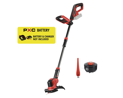 Coupe-bordures sans fil Einhell avec 20 lames de rechange et bobine de fil, livré sans batterie ni chargeur.