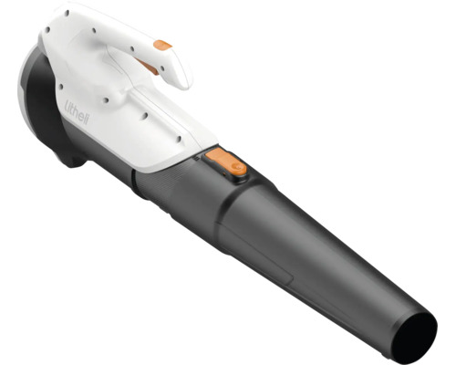 Litheli Akku-Laubbläser mit ergonomischem Griff und langem Blasrohr in Weiß und Grau.