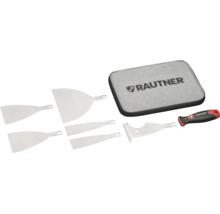Jeu de couteaux à enduire Rautner comprenant six lames en acier inoxydable, une poignée ergonomique et une sacoche avec Rautner Logo.