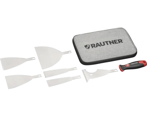Jeu de couteaux à enduire Rautner comprenant six lames en acier inoxydable, une poignée ergonomique et une sacoche avec Rautner Logo.