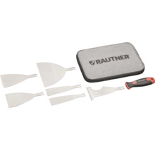 Kit de grattoirs Rautner avec 5 lames interchangeables, poignée ergonomique et pochette de rangement. Rautner Logo.