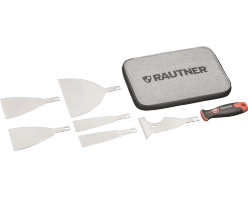 Kit de grattoirs Rautner avec 5 lames interchangeables, poignée ergonomique et pochette de rangement. Rautner Logo.