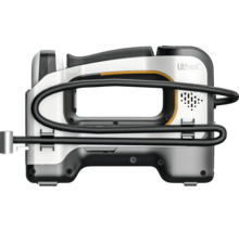 Pompe à air sans fil Litheli portable en argent et noir avec rangement de tuyau intégré et poignée ergonomique.