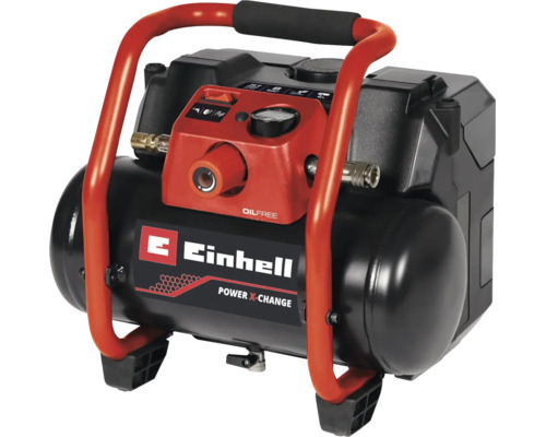 Compresseur sans fil portable Einhell de la gamme Power X-Change, sans huile, avec manomètre et régulateur de pression.