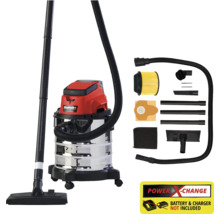 Aspirateur eau et poussière sans fil Einhell avec cuve en acier inoxydable, tuyau, buses, filtres et accessoires. Sans batterie ni chargeur.